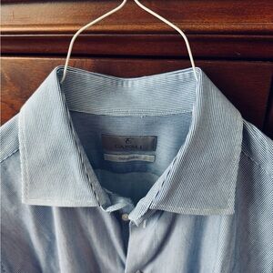 Canali Men's Open Collar Shirt in Blue Pinstripe. Size 17.